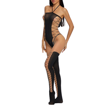Black Nylon Bodysuit with Open Crotch / Ladies Bodystocking / Female Mesh Underwear - EVE's SECRETS